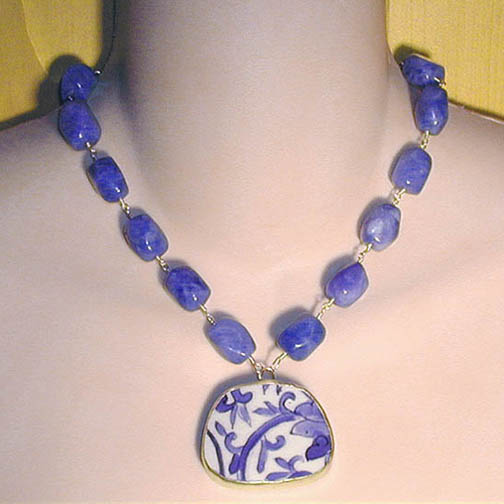 Pottery Shard Vine Necklace w/ Blue Quartz Nuggets